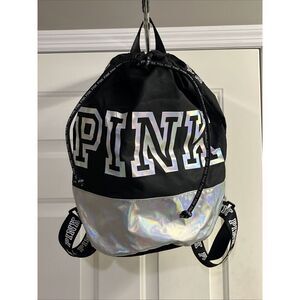 PINK Victoria's Secret Cinch Drawstring Large Back Pack Black/Silver NWOT